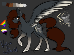 Size: 2224x1668 | Tagged: safe, artist:maplefr0st, oc, oc:vortex r supercell, pegasus, pony, brown eyes, character concept, clothes, coat, colored, colored wings, colored wingtips, concept art, gay pride, gay pride flag, gray, hooves, lightning, nonbinary, pride, pride flag, storm, supercell, tied hair, tornado, twister, weather, wings