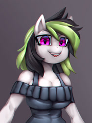 Size: 1080x1440 | Tagged: safe, artist:general-irrelevant, oc, oc only, oc:elli, earth pony, anthro, bare shoulder portrait, bare shoulders, breasts, bust, cleavage, clothes, earth pony oc, female, looking at you, mare, portrait, smiling, smiling at you, solo