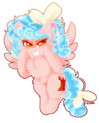 Size: 1223x1511 | Tagged: safe, artist:vanillaswirl6, cozy glow, pegasus, pony, g4, blushing, bow, cheek fluff, chest fluff, colored ear fluff, ear fluff, evil grin, female, filly, floating, fluffy, foal, full body, grin, hair bow, hooves on cheeks, looking at you, simple background, smiling, solo, spread wings, transparent background, wings