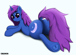 Size: 3450x2500 | Tagged: safe, artist:ob2908, oc, oc only, oc:glare moon, pony, unicorn, bedroom eyes, butt, dock, female, frog (hoof), high res, large butt, looking at you, looking back, looking back at you, lying down, plot, prone, raised tail, rear view, solo, tail, the ass was fat, underhoof