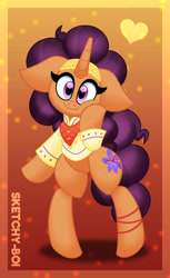 Size: 1920x3142 | Tagged: safe, artist:snakeythingy, saffron masala, pony, unicorn, g4, bipedal, cute, gradient background, looking at you, saffronbetes, squishy cheeks, standing on two hooves