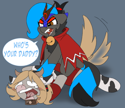 Size: 3000x2600 | Tagged: safe, artist:brainiac, oc, oc:gray star, oc:heccin pepperino, earth pony, kirin, pony, animal costume, commission, costume, cow costume, crossover, cult of the lamb, female, high res, mare, red crown, whos your daddy