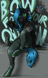 Size: 1200x1950 | Tagged: safe, artist:sinrar, queen chrysalis, changeling, changeling queen, anthro, unguligrade anthro, g4, clothes, female, hoof shoes, jewelry, long nails, necklace, pants, shirt, solo, spray can, spray paint, t-shirt, thumbs down