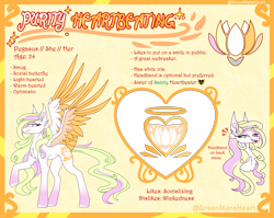 Size: 5400x4300 | Tagged: safe, artist:greenmaneheart, oc, oc only, oc:purity heartbeating, pegasus, pony, absurd resolution, colored wings, eyebrows, eyebrows visible through hair, female, mare, multicolored wings, open mouth, open smile, pegasus oc, reference sheet, signature, smiling, solo, spread wings, wings