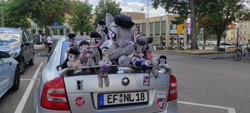 Size: 4640x2088 | Tagged: safe, octavia melody, earth pony, human, pony, galacon, g4, 2022, bicycle, car, convention, galacon 2022, irl, irl human, license plate, multeity, namesake, octaviocalypse, photo, plushie, pun, skoda, skoda octavia, sticker, tree, visual pun