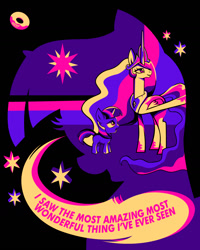 Size: 1152x1440 | Tagged: safe, artist:poxy_boxy, princess celestia, twilight sparkle, alicorn, pony, unicorn, g4, the cutie mark chronicles, dialogue, duo, duo female, female, filly, filly twilight sparkle, foal, frown, grin, limited palette, mare, open mouth, signature, smiling, speech bubble, unicorn twilight, younger