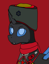 Size: 397x517 | Tagged: safe, artist:goldenoshy1250, oc, oc:gold muffin, changeling, equestria at war mod, blue eyes, clothes, commissar, communism, drone, hat, military uniform, red background, red scarf, red star, simple background, smiling, uniform