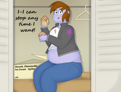 Size: 3180x2426 | Tagged: safe, artist:lupin quill, oc, oc:neon sprinkles, human, equestria girls, bbw, belly, belly button, big belly, blatant lies, blushing, clothes, clothes hanger, crumbs, cupcake, denial, double chin, eating, fat, female, food, hiding, jacket, midriff, open mouth, solo, sweat, sweatdrop, thighs, thunder thighs, tight clothing, wardrobe malfunction