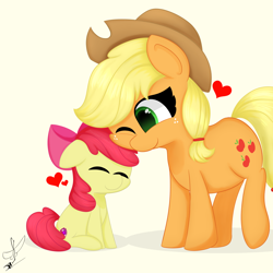 Size: 2000x2000 | Tagged: safe, artist:daftramms, apple bloom, applejack, earth pony, pony, g4, adorabloom, apple sisters, cute, duo, duo female, female, filly, foal, high res, jackabetes, mare, nuzzling, siblings, simple background, sisters, white background