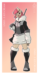Size: 1772x3419 | Tagged: safe, artist:sneetymist, oc, oc only, oc:sweet sundae, earth pony, anthro, unguligrade anthro, boots, clothes, female, fluffy, fluffy sweater, fur collar, gun, headband, jacket, mare, no tail, open mouth, rifle, shoes, simple background, smiling, solo, sweater, text, uniform, weapon, winter outfit