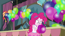 Size: 1000x563 | Tagged: safe, screencap, pinkie pie, sunset shimmer, human, all the world's off stage, all the world's off stage: pinkie pie, equestria girls, g4, my little pony equestria girls: better together, balloon, blowing up balloons, clothes, female, geode of sugar bombs, magical geodes, rah rah skirt, skirt, stage, that pony sure does love balloons