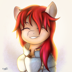 Size: 1500x1500 | Tagged: safe, artist:icy_passio, oc, oc only, oc:lawkeeper equity, earth pony, pony, elements of justice, armor, bust, cute, earth pony oc, eyebrows, eyes closed, female, grin, half body, long hair, mare, portrait, signature, simple background, smiling, solo