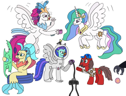 Size: 3201x2448 | Tagged: safe, artist:supahdonarudo, princess celestia, princess skystar, queen novo, storm king, oc, oc:ironyoshi, oc:sea lilly, alicorn, bird, classical hippogriff, cockatiel, hippogriff, pony, seapony (g4), unicorn, g4, my little pony: the movie, atg 2022, bite mark, chaos, clothes, coffee mug, controller, exhausted, hand, hat, high res, holding, jewelry, mug, necklace, newbie artist training grounds, nintendo 64, pearl, perching, queen novo's orb, shirt, simple background, spacesuit, surfboard, swimming pool, tired, transparent background