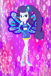 Size: 945x1404 | Tagged: safe, artist:ketrin29, artist:user15432, rarity, fairy, human, equestria girls, g4, alternate hairstyle, barefoot, barely eqg related, base used, belly button, clothes, crossover, cutie mark on clothes, diamond, enchantix, fairy wings, fairyized, feet, gloves, hand on hip, hibiscus, jewelry, long gloves, long hair, looking at you, pink background, ponied up, ponytail, purple background, purple wings, simple background, solo, sparkly background, sparkly wings, wings, winx, winx club, winxified