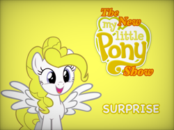 Size: 1024x768 | Tagged: safe, artist:tony hasbro, surprise, pegasus, pony, series:the new my little pony show, g1, g4, adoraprise, crossover, cute, female, g1 to g4, generation leap, mare, open mouth, open smile, parody, simple background, smiling, solo, text, the new woody woodpecker show, voice, white text, woody woodpecker (series), yellow background