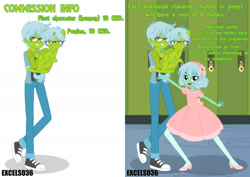Size: 1870x1322 | Tagged: safe, artist:excelso36, oc, oc only, oc:alexa, oc:excelso, human, pony, equestria girls, g4, advertisement, canterlot high, clothes, commission info, converse, dress, glasses, high heels, human ponidox, lockers, self paradox, self ponidox, shoes, smiling