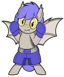 Size: 1500x1800 | Tagged: safe, artist:toyminator900, oc, oc:midnight punch, bat pony, boxing, boxing gloves, female, looking at you, simple background, sports, transparent background, trunks
