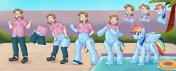 Size: 5200x2100 | Tagged: safe, artist:flybeeth, rainbow dash, human, pegasus, pony, g4, air nozzle, ambiguous gender, disappearing clothes, forced smile, glasses, grin, human to pony, i have no mouth and i must scream, inanimate tf, male to female, pool toy, rule 63, smiling, swimming pool, transformation, transformation sequence, unwilling transformation, valve