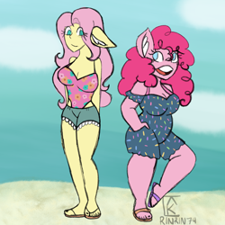 Size: 2048x2048 | Tagged: safe, artist:mintymelody, fluttershy, pinkie pie, anthro, plantigrade anthro, g4, beach, breasts, busty fluttershy, busty pinkie pie, cleavage, clothes, ear fluff, feet, flip-flops, high res, nail polish, sandals, swimsuit, toenail polish