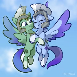 Size: 2048x2048 | Tagged: safe, artist:pfeffaroo, thunder flap, zoom zephyrwing, pegasus, pony, g5, adorazoom, colored wings, cute, duo, duo male and female, eyebrows, eyes closed, female, guardsmare, high res, hug, male, mare, pegasus royal guard, royal guard, ship:zoomthunder, shipping, signature, sky, sky background, smiling, spread wings, stallion, straight, thundorable, two toned wings, wings