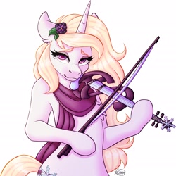 Size: 2300x2300 | Tagged: safe, artist:mxiiisy, part of a set, oc, oc only, oc:winter, oc:winthria siriusa, pony, unicorn, blonde, blonde hair, blonde mane, blonde tail, bow (instrument), chest fluff, clothes, ears back, electric violin, flower, flower in hair, high res, holding, horn, looking at you, musical instrument, playing instrument, pony oc, purple eyes, scarf, simple background, smiling, solo, standing, tail, violin, violin bow, white background, white coat