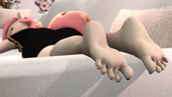 Size: 1920x1080 | Tagged: source needed, safe, artist:kenaga, oc, oc only, oc:atari, anthro, plantigrade anthro, 3d, ass, barefoot, butt, clothes, couch, eyes closed, feet, foot focus, sleeping, solo, toes, wiggling toes