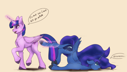 Size: 1600x915 | Tagged: safe, artist:tenebrisnoctus, princess luna, twilight sparkle, alicorn, pony, adorable distress, atg 2022, beige background, butt, cute, dragging, duo, face down ass up, female, glowing, glowing horn, horn, magic, mare, newbie artist training grounds, nu, plot, simple background, telekinesis, twilight sparkle (alicorn)