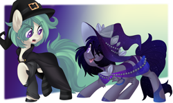 Size: 3500x2100 | Tagged: safe, artist:xvostik, oc, oc only, oc:coven, oc:misty fortune, earth pony, pony, female, hat, male, mare, simple background, stallion