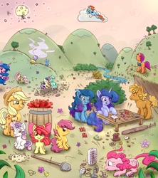 Size: 1778x2000 | Tagged: safe, artist:nedemai, apple bloom, applejack, bon bon, derpy hooves, fluttershy, izzy moonbow, lyra heartstrings, pinkie pie, rainbow dash, scootaloo, sunny starscout, sweetie belle, sweetie drops, trixie, oc, oc:nedi, bat pony, earth pony, pegasus, pony, unicorn, g4, g5, apple bloom's bow, applejack's hat, atg 2022, bag, barrel, baseball bat, bench, blank flank, bow, bracelet, broken clock, bush, chrono trigger, clock, cloud, cooling off, cowboy hat, crashed rocket, creek, cutie mark crusaders, drawing, dynamite, explosives, extension cord, fan, fans, female, fence, filly, flower, foal, gear, hair bow, hat, hill, house, jewelry, keeping cool, looking at something, mare, moon, mountain, newbie artist training grounds, plant, please tag the glowy thing by the ticket and tag it and replace this tag with that tag, relaxing, river, rock, rocket, saddle bag, screw, shovel, sitting, sky, smiling, standing, stars, stern, straw, stream, super nintendo, table, this will end in explosions, ticket, tree, ufo, wall of tags, water, water cup