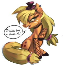 Size: 923x956 | Tagged: safe, artist:applepost67, applejack, earth pony, pony, g4, clothes, dialogue, ear piercing, emojack, female, fishnet stockings, glare, goth, grumpy, hat, implied pear butter, it's a phase, it's not a phase, leggings, mare, piercing, ponytail, shoes, simple background, solo, speech bubble, tiny hat, top hat, white background