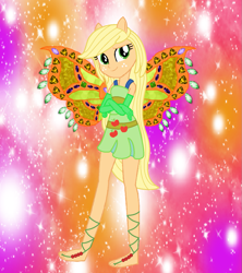 Size: 1147x1289 | Tagged: safe, artist:flormoonlight, artist:user15432, applejack, fairy, human, equestria girls, g4, alternate hairstyle, barefoot, barely eqg related, base used, clothes, crossed arms, crossover, cutie mark on clothes, dress, enchantix, fairy wings, fairyized, feet, gloves, gradient background, green dress, long gloves, long hair, looking at you, orange background, orange wings, pink background, ponied up, purple background, simple background, solo, sparkly background, wings, winx, winx club, winxified