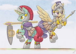 Size: 1024x732 | Tagged: safe, artist:xeviousgreenii, oc, oc only, oc:cerise breeze, oc:diskette drives, pegasus, pony, unicorn, armor, armor skirt, duo, female, flying, helmet, horseshoes, levitation, magic, magic aura, male, mare, pink eyes, purple mane, purple tail, red mane, red tail, royal guard, scepter, shield, skirt, spear, spread wings, stallion, tail, telekinesis, traditional art, weapon, wings, yellow eyes