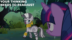 Size: 1280x720 | Tagged: safe, edit, edited screencap, editor:quoterific, screencap, twilight sparkle, zecora, pony, unicorn, zebra, g4, magic duel, season 3, duo, female, mare, open mouth, text, unicorn twilight