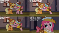 Size: 1280x720 | Tagged: safe, edit, edited screencap, editor:quoterific, screencap, applejack, chancellor puddinghead, pinkie pie, smart cookie, earth pony, pony, g4, hearth's warming eve (episode), season 2, boop, duo, eyes closed, female, mare, nose to nose, noseboop, open mouth, open smile, smiling, text