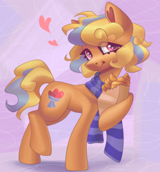 Size: 3710x4000 | Tagged: safe, artist:irinamar, oc, oc only, earth pony, pony, abstract background, bag, bread, clothes, croissant, food, heart, paper bag, scarf, solo, striped scarf