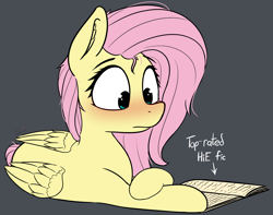Size: 3204x2522 | Tagged: safe, artist:pinkberry, fluttershy, pegasus, pony, g4, blushing, book, colored, fanfic, high res, lounging, lying, lying down, on floor, prone, reading, solo