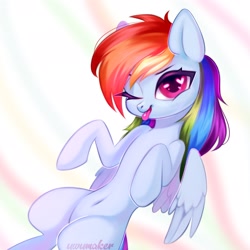 Size: 2334x2333 | Tagged: safe, artist:02vxmp, artist:minchyseok, artist:uwumakers, rainbow dash, pegasus, pony, g4, belly button, female, heart, heart eyes, high res, lying down, mare, on back, one eye closed, simple background, solo, tongue out, wingding eyes, wink