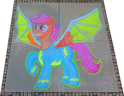 Size: 4195x3273 | Tagged: safe, alternate version, artist:malte279, scootaloo, pegasus, pony, galacon, g4, artificial wings, augmented, chalk, chalk drawing, clothes, galacon 2022, make a wish, simple background, solo, traditional art, transparent background, uniform, wings, wonderbolts uniform