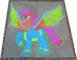 Size: 4195x3273 | Tagged: safe, alternate version, artist:malte279, scootaloo, pegasus, pony, galacon, g4, artificial wings, augmented, chalk, chalk drawing, clothes, galacon 2022, make a wish, simple background, solo, traditional art, transparent background, uniform, wings, wonderbolt scootaloo, wonderbolts uniform