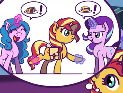 Size: 1800x1350 | Tagged: safe, artist:flutterluv, part of a set, izzy moonbow, starlight glimmer, sunset shimmer, pony, unicorn, g4, g5, :t, atg 2022, bag, butter, exclamation point, eyes closed, female, food, glowing, glowing horn, horn, magic, mare, newbie artist training grounds, open mouth, open smile, pancakes, part of a series, saddle bag, smiling, speech bubble, syrup, telekinesis, thought bubble, waffle