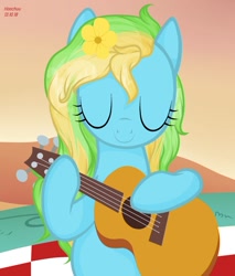 Size: 1280x1501 | Tagged: safe, artist:hoochuu, oc, oc only, earth pony, pony, commission, earth pony oc, female, flower, flower in hair, guitar, mare, musical instrument, smiling, solo, ych result