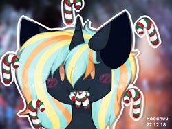 Size: 1280x960 | Tagged: safe, artist:hoochuu, oc, oc only, pony, unicorn, abstract background, blush sticker, blushing, bust, candy, candy cane, commission, food, horn, mouth hold, solo, unicorn oc, ych result