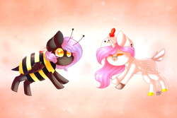 Size: 2000x1333 | Tagged: safe, artist:prettyshinegp, oc, oc only, alicorn, pegasus, pony, abstract background, alicorn oc, animal costume, bee costume, chicken suit, clothes, costume, duo, female, horn, mare, pegasus oc, wings