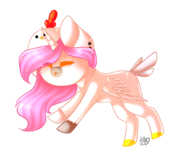 Size: 970x868 | Tagged: safe, alternate version, artist:prettyshinegp, oc, oc only, alicorn, pony, alicorn oc, animal costume, background removed, chicken suit, clothes, colored hooves, costume, eyes closed, female, horn, mare, signature, simple background, smiling, solo, transparent background, wings