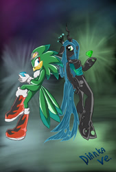 Size: 1181x1748 | Tagged: safe, artist:diankave, queen chrysalis, bird, changeling, changeling queen, hawk, anthro, plantigrade anthro, unguligrade anthro, g4, abstract background, duo, female, jet the hawk, male, sonic the hedgehog (series)