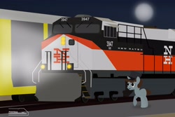 Size: 4096x2734 | Tagged: safe, artist:ponyrailartist, oc, oc only, oc:coaldust, pony, unicorn, night, solo, train, train tracks