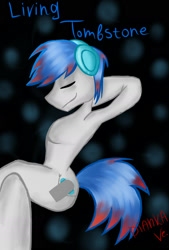 Size: 1181x1748 | Tagged: safe, artist:diankave, oc, oc only, oc:the living tombstone, earth pony, semi-anthro, abstract background, arm behind head, earth pony oc, eyes closed, headphones, male, sitting, smiling, solo