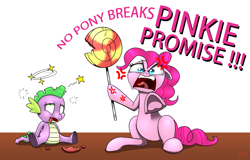Size: 2135x1368 | Tagged: safe, artist:questionmarkdragon, pinkie pie, spike, dragon, earth pony, pony, g4, pinkie pride, season 4, abuse, angry, angry pie, candy, circling stars, cracked, cross-popping veins, dizzy, duo, faic, female, food, furious, glare, go to sleep garble, hoof hold, knocked out, lollipop, looking at you, male, mare, now you fucked up, pinkie pie is not amused, pinkie prick, pinkie promise, pointing at you, rage, shitposting, simple background, spikeabuse, unamused, underhoof, unhappy, white background, yelling