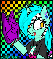 Size: 1102x1214 | Tagged: safe, artist:xxv4mp_g4z3rxx, lyra heartstrings, pony, unicorn, g4, :p, alternate design, alternate hairstyle, bracelet, checkered background, ear piercing, eyestrain warning, female, foam finger, gauges, i set my friends on fire, jewelry, mare, necklace, piercing, scene, signature, solo, tongue out