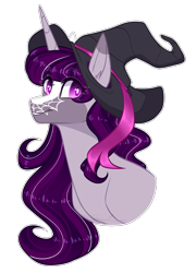 Size: 1297x1800 | Tagged: safe, artist:purplegrim40, oc, oc only, pony, unicorn, bust, female, hat, horn, mare, simple background, solo, transparent background, unicorn oc, witch hat